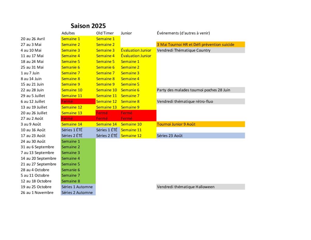 Calendrier semaine 2025